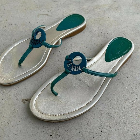 Fendi Women Sandal Flat Thong Blue/Silver Made in Italy Size 39 Authentic Fendi - Picture 5 of 12